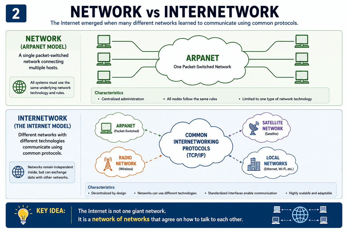 Network vs Internetwork: ARPANET was a single packet-switched network with centralized administration, while an internetwork lets ARPANET, radio networks, satellite networks and local networks stay independent internally while communicating through common internetworking protocols such as TCP/IP.